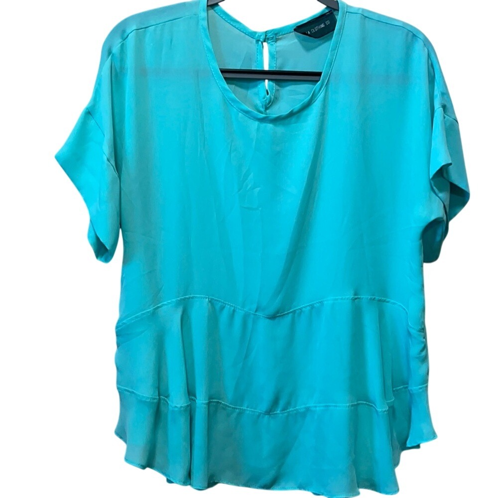 Lila Clothing Co Turquoise Blue Short Sleeve Tiered Peplum Blouse Scoop Neck Top
